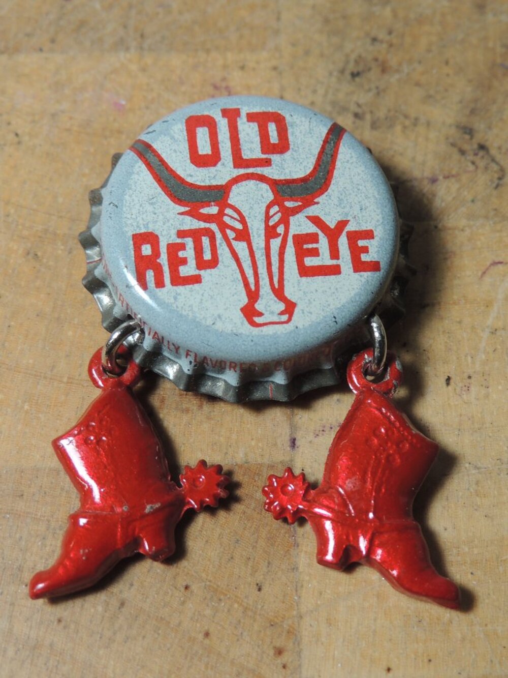 Old Red Eye Bottle Cap Brooch Red Cowboy Boot Dangles Vintage Cowgirl